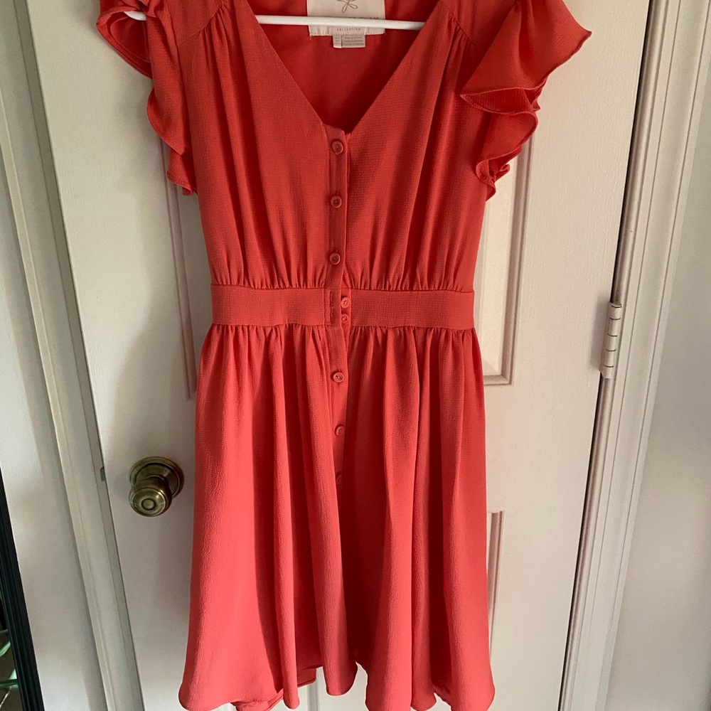 Coral Gal Meets Glam Button-Front Flutter Sleeve Dress